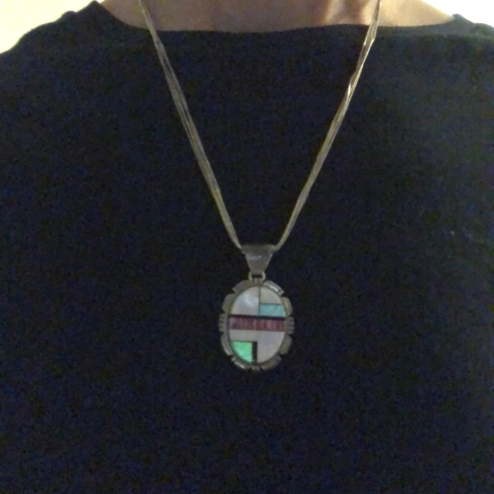 Authentic Native American Zuni sterling stone inlay necklace signed by PA Smith - Picture 3 of 6
